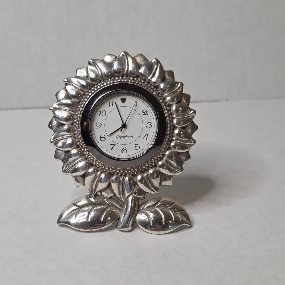 Brighton Sunflower Desk Clock Silver Tone 3 Inch Vintage Floral Decor Working